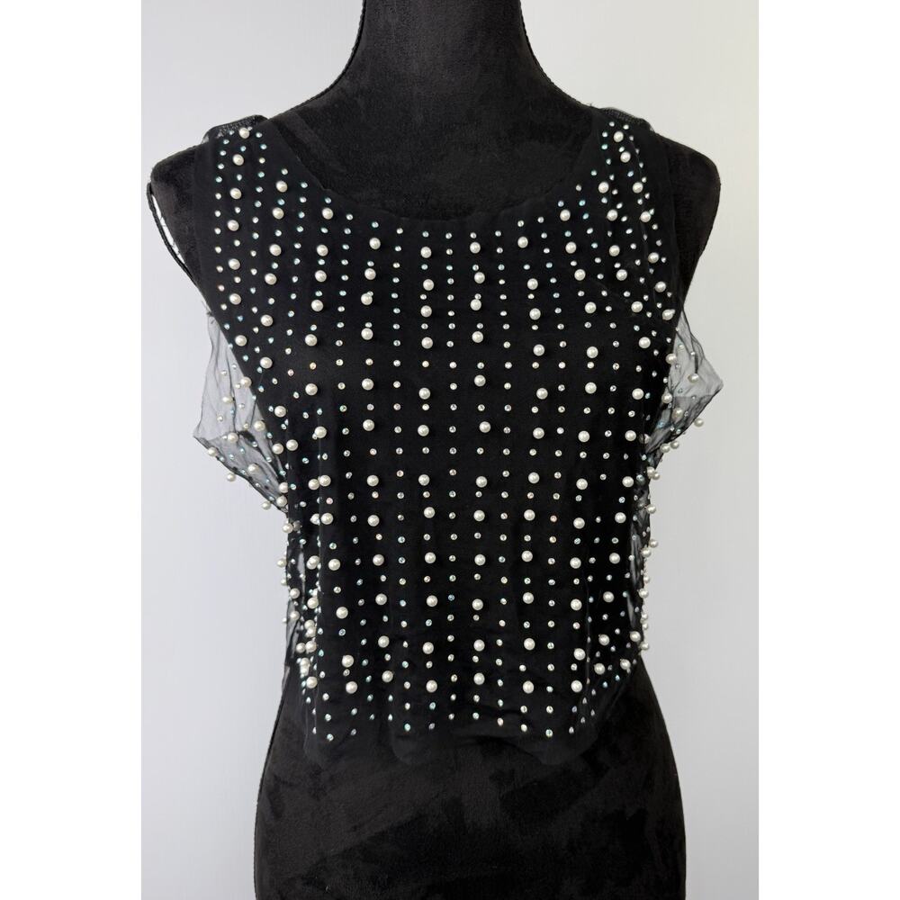 Love J Black Sheer Mesh Pearl Rhinestone Crop Tank Top Y2K Party Size L - Picture 7 of 16